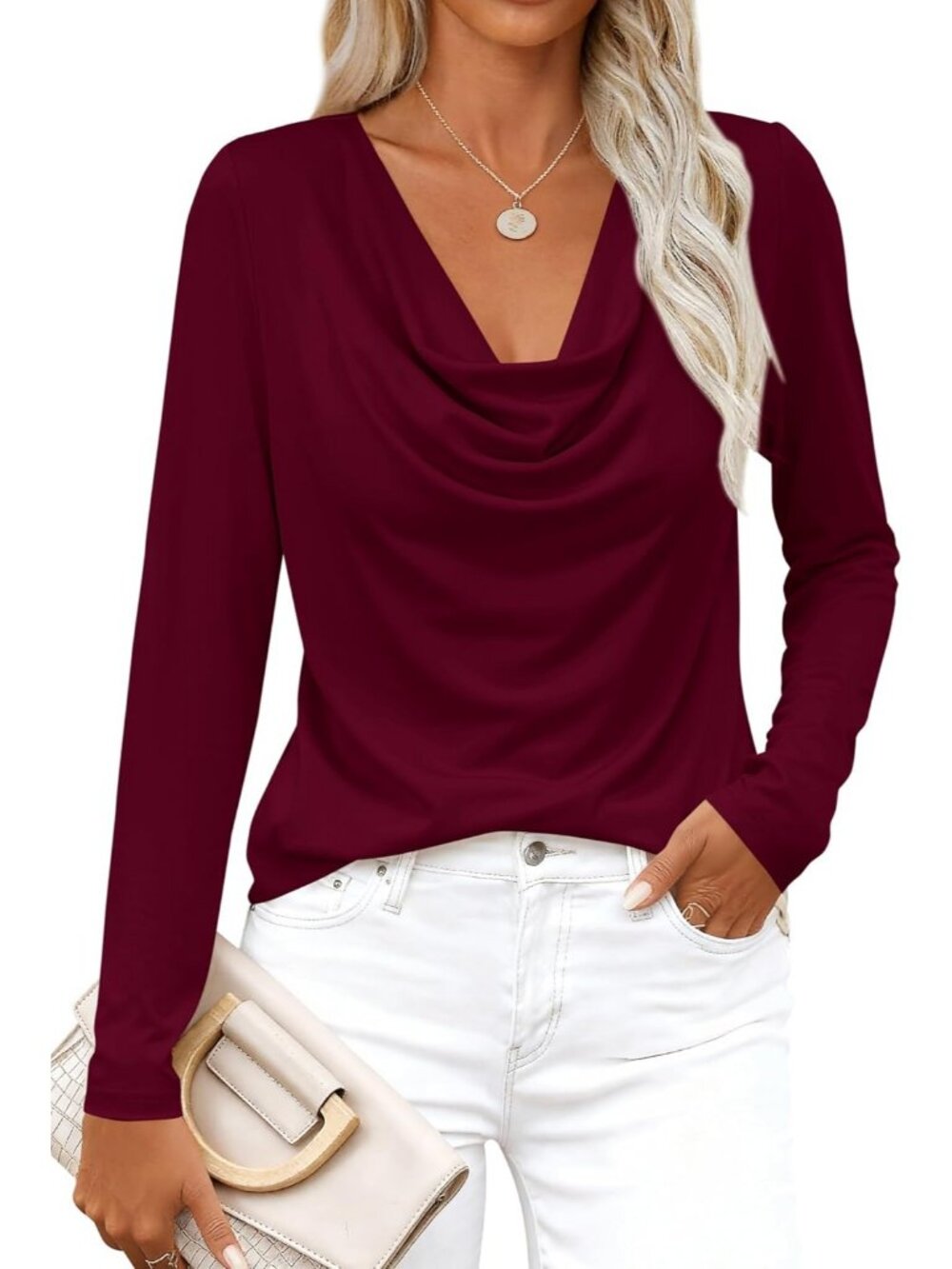 Women's Burgundy Cowl Neck Long Sleeve Tunic Teacher Shirt Business Casual Top